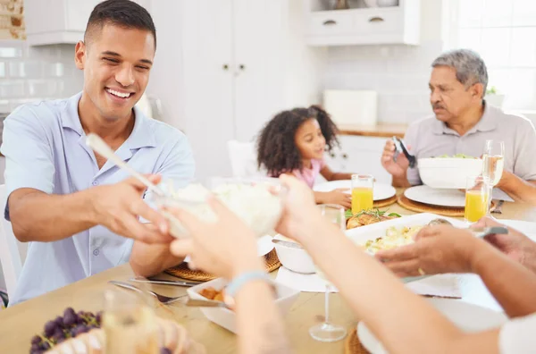 Happy family, food and dinner eating on dining room table for thanksgiving, healthy and nutrition holiday celebration event. People enjoy family home party cooking together celebrate festive reunion.