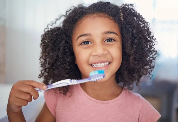 Young Girl Kids Portrait Brushing Teeth Dental Healthcare Bathroom Toothbrush — Stock Photo, Image