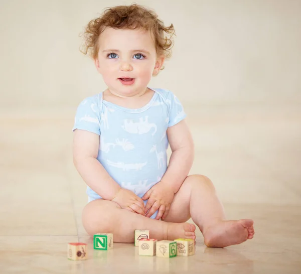 Learning is fun for a curious little boy. Full length shot of a cute baby boy playing with toy blocks
