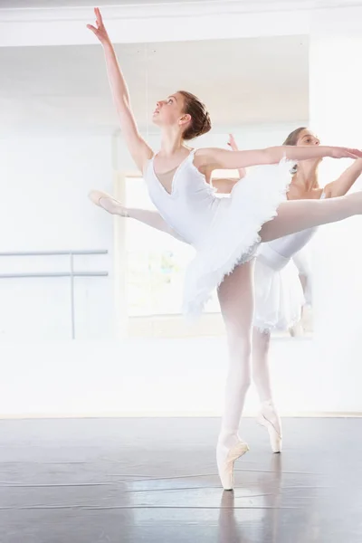 バレエを新しい高みへ スタジオで練習しているバレリーナのフル長さのショット — ストック写真