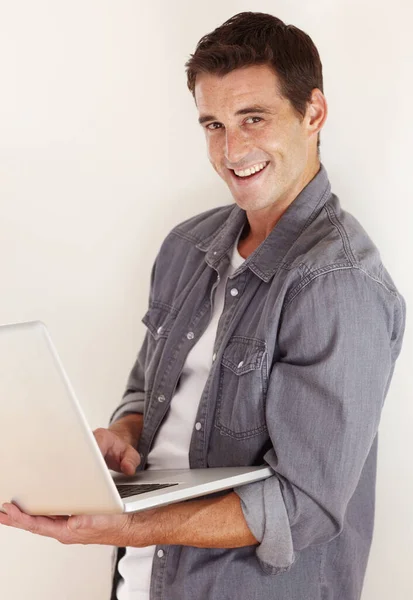 Working Home Portrait Handsome Young Man Using His Laptop — Stock Photo, Image