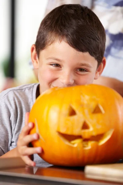 Hes Ready Candle Happy Young Boy Showing His Jack Olantern — Stock Photo, Image