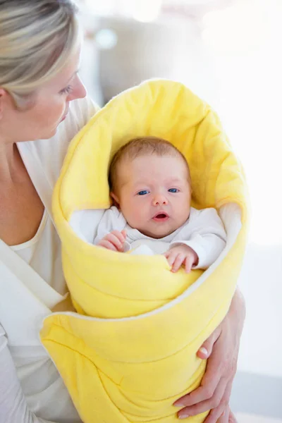 One Swaddled Baby High Angle Shot Mother Holding Her Wrapped — Stock Photo, Image