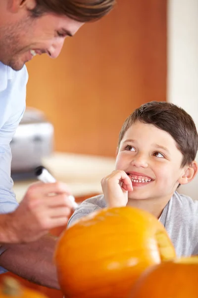 Carve Dad Father Son Carving Pumpkin Kitchen Halloween Stock Picture