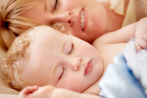 Enjoying Mother Son Nap Tiny Baby Boy Lying Fast Asleep Stock Image