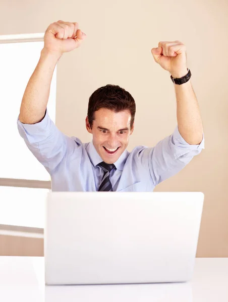 Got Contract Excited Young Businessman Front His Laptop His Arms — Stock Photo, Image
