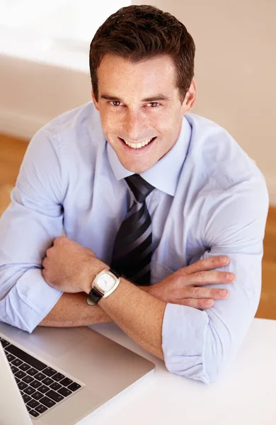 Fulfilled His Career Smiling Young Businessman Sitting His Arms Crossed — Stock Photo, Image