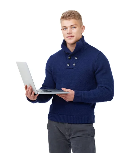 Navegar Internet Retrato Jovem Bonito Trabalhando Seu Laptop — Fotografia de Stock