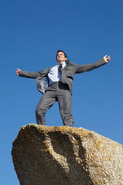 享受在顶部的片刻 一个年轻的商人站在悬崖顶上 双手高举 胜利地夺取了胜利 — 图库照片
