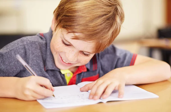 Hou Van Leren Een Schattig Jongetje Doet Zijn Huiswerk Klas — Stockfoto