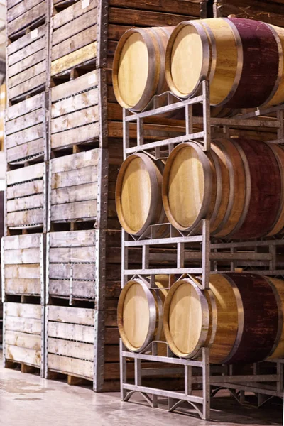 许多部件构成了生产过程 酒厂酒窖里的木制酒桶 — 图库照片