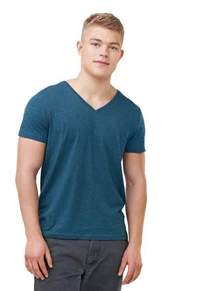 Posing Latest Casual Trends Handsome Young Man Standing White Background — Stock Photo, Image