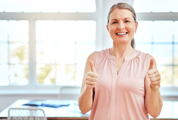 Thumbs up, success and business woman boss portrait smile for startup goal, trust and thank your in office with lens flare. Corporate ceo manager, like hands icon for career achievement or retirement.