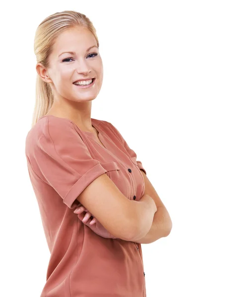 Sano Felice Una Bella Giovane Donna Con Braccia Incrociate Isolata — Foto Stock