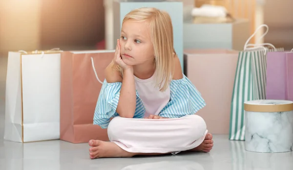 Child Fashion Shopping Bags While Looking Bored Waiting Kids Clothing Stock Picture