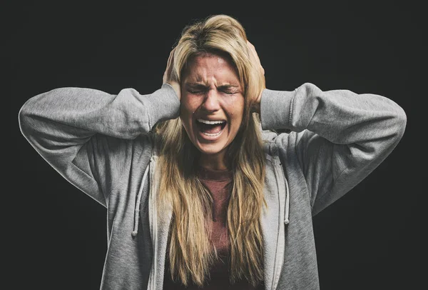 Ansiedad Mujer Bipolar Llorando Frustrada Loca Estudio Oscuro Para Psicología — Foto de Stock