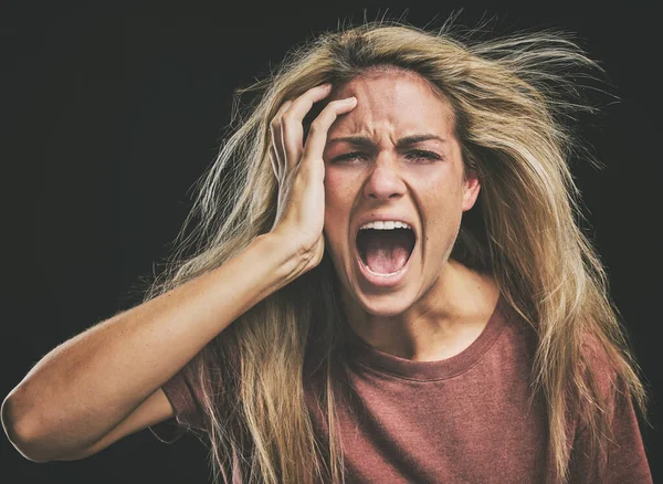 Ansikte Mental Hälsa Och Skrikande Kvinna Huvudvärk Ångest Eller Stress — Stockfoto