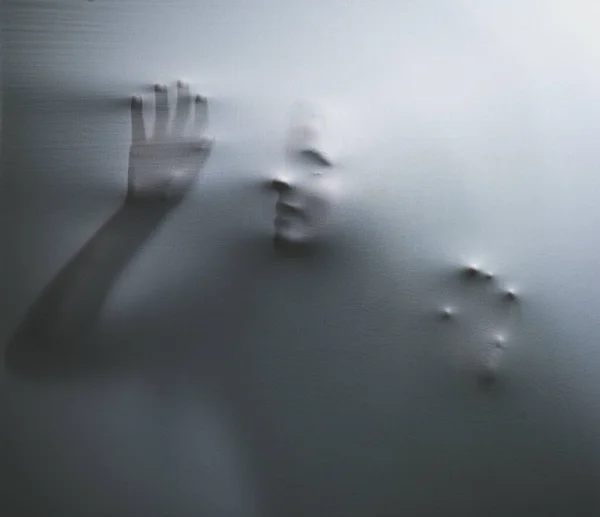 Horror Fabric Hands Woman Trapped Textile Trying Escape Nightmare Curtain — Stock Photo, Image