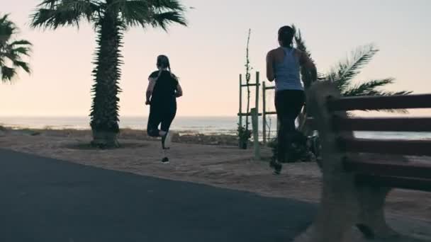 海滩和女人们跑去减肥 把注意力集中在人行道上的健身运动速度上 加利福尼亚海洋训练和准备马拉松比赛的人数增加 — 图库视频影像