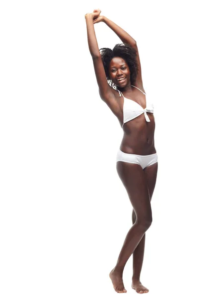 Stretching Out Swim Beautiful Young Woman White Bikini Stretching Out — Stock Photo, Image