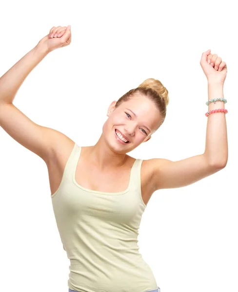 喜びのために踊る 喜びのジェスチャーで空中に上げ腕を持つかなり十代の女の子 — ストック写真