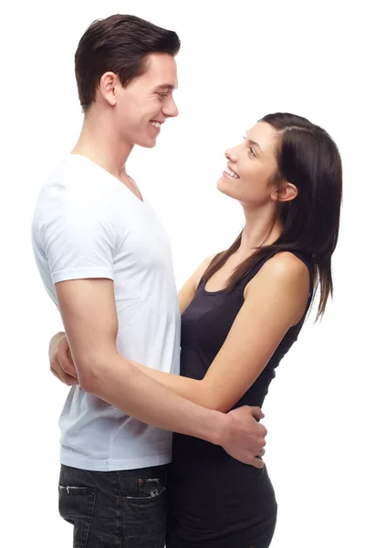 Tão Apaixonados Jovem Casal Feliz Abraçando Outro Enquanto Isolados Branco — Fotografia de Stock