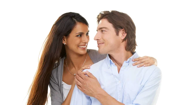 Ele Feliz Jovem Casal Feliz Isolado Fundo Branco — Fotografia de Stock