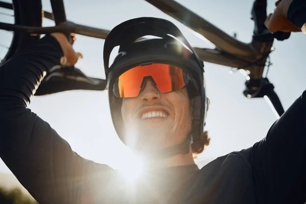 Cyclist Lift Bike Smile Celebration Winning Race Tour Competition Helmet — Stock Photo, Image