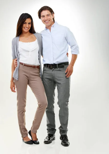 Perfect Partners Portrait Multi Ethnic Couple Standing Isolated White Background — Stock Photo, Image