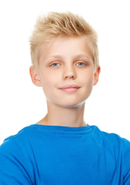 Blue His Favorite Color Studio Portrait Blond Teenage Boy White — Stock Photo, Image