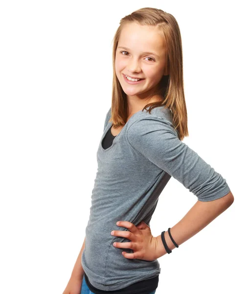 Posing Confidence Studio Portrait Young Teenage Girl Standing White Background — Stock Photo, Image