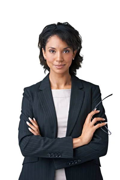 Успешно Уверенно Студийный Портрет Успешной Предпринимательницы Белом Фоне — стоковое фото