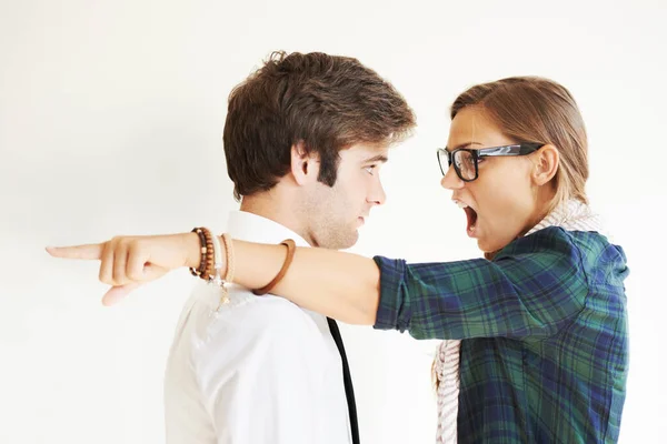 Get Out Angry Hipster Screaming Her Boyfriend While Pointing — Stock Photo, Image