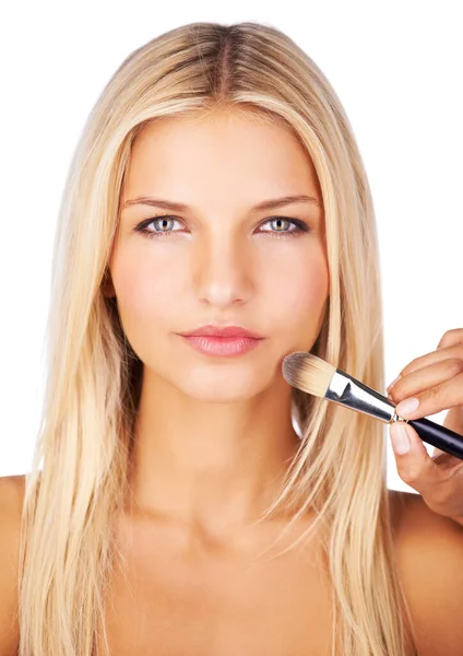 Creating Flawless Finish Cropped View Young Woman Having Foundation Applied — Stock Photo, Image