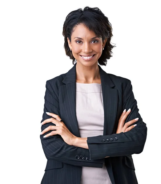 Şirket Güveni Beyaz Arka Planda Poz Veren Başarılı Bir Kadınının — Stok fotoğraf
