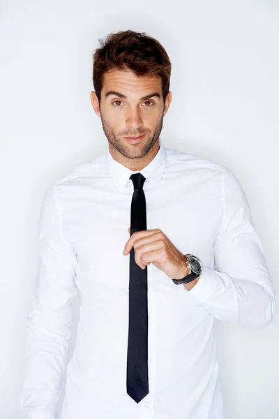 Looking Sharp Handsome Young Guy Adjusting His Tie White Background — Stock Photo, Image