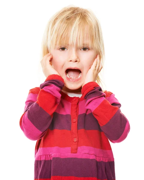 Spaventoso Studio Foto Una Bambina Bionda Piedi Con Testa Tra — Foto Stock