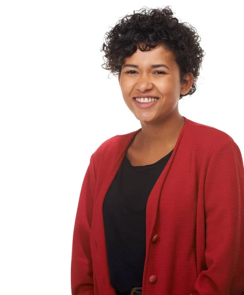 Sentindo Feliz Confiante Retrato Uma Jovem Mulher Linda Sorrindo — Fotografia de Stock