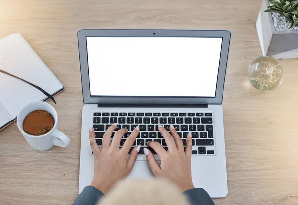 Hands, woman and typing on laptop top view at table for professional business email communication. Corporate career girl working on internet device at minimalist desk in office with screen mockup