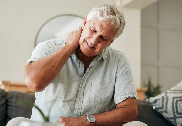Senior Man Neck Pain Stress Sitting Home Spine Injury Massaging — Stock Photo, Image
