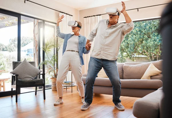 VR experience, senior couple and living room metaverse video games innovation, digital fantasy and cyber connection. Crazy man, happy woman and excited people with virtual reality futuristic glasses.