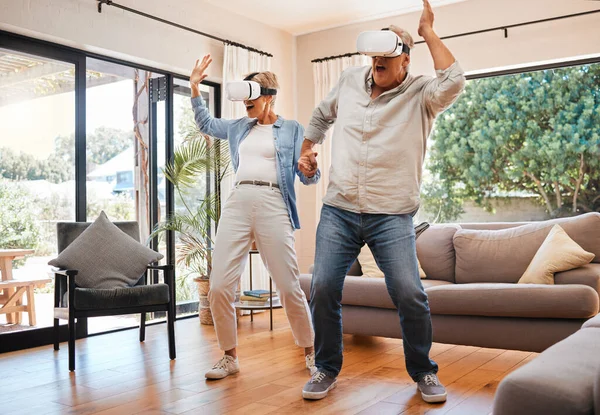 Vr dance, 3d and senior couple with games for creative, futuristic and comic happiness in the living room of the house. Elderly man and woman playing metaverse and digital dancing on technology.