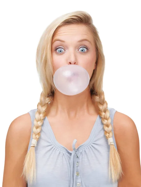 Thats One Big Bubble Portrait Young Blonde Woman Looking Surprised — Stock Photo, Image