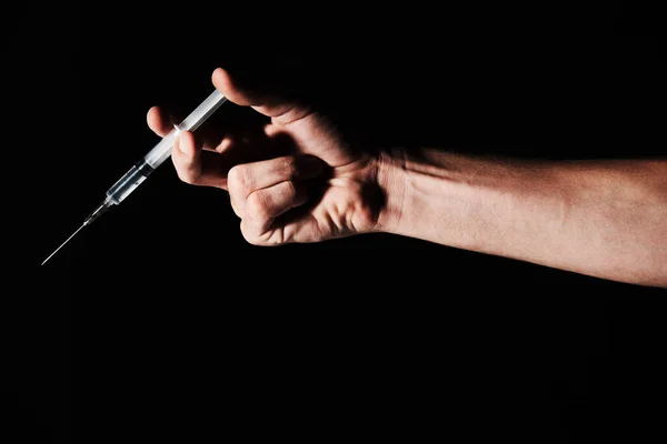 Getting Injection Hand Holding Syringe Isolated Black Background — Stock Photo, Image