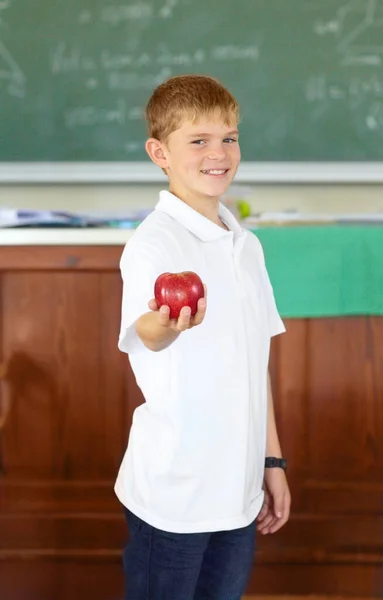 Teachers pet. Cute young schoolboy holding an apple in the classroom