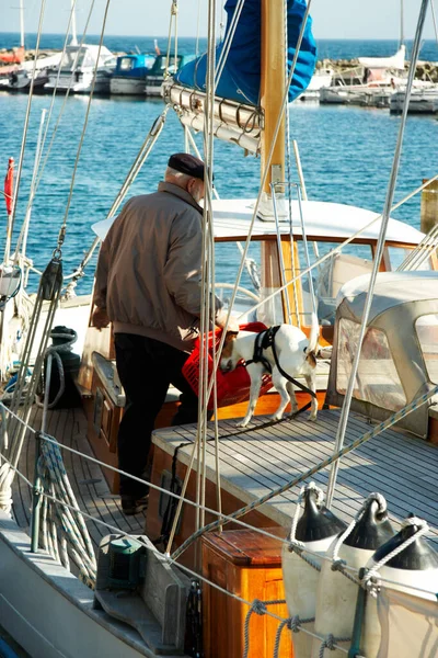 Companions getting ready for another journey. An elderly man and his dog standing in a cluttered boat