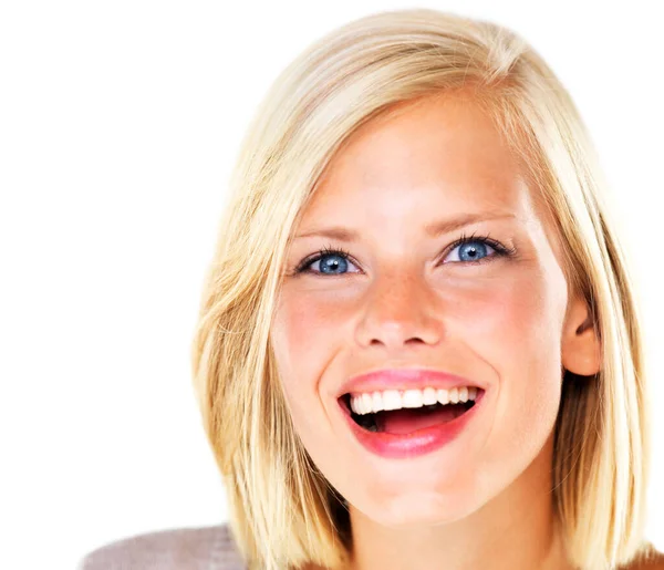 Lacht Constant Mooie Jonge Blonde Vrouw Glimlachen Gelukkig Lachen — Stockfoto