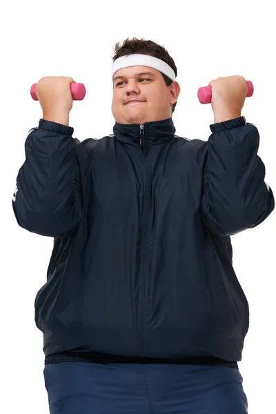 Its Deep Burn Studio Shot Obese Man Lifting Weights Exerting — Stock Photo, Image