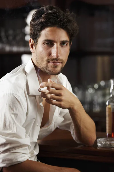 Would You Drink Sexy Dishevelled Young Man Drinking Smoking Bar — Stock Photo, Image