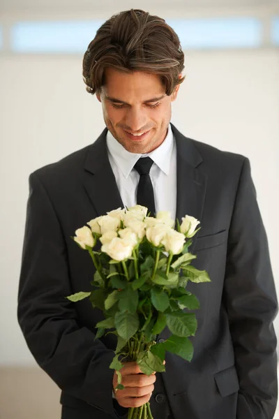 Your Valentine Perfect World Handsome Young Man Wearing Suit Holding — Stock Photo, Image